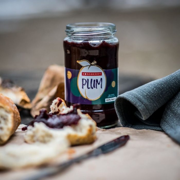 konsberry low calorie premium plum preserves halal certified spread on rustic bread