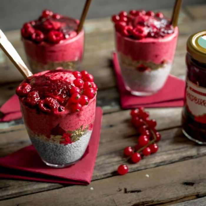 konsberry low calorie premium raspberry preserves halal certified fruit yoghurt chia seed coconut milk granola bowl